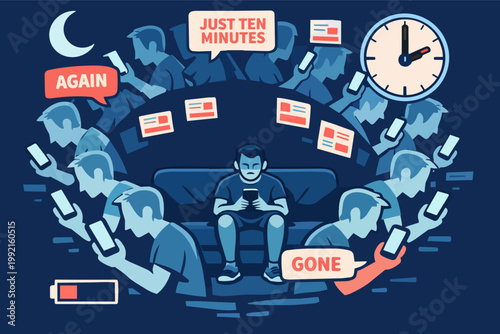 Person consumed by smartphone use late at night, surrounded by digital content and a clock showing lost time