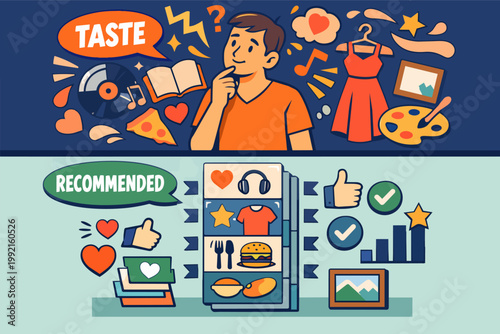 Person exploring preferences and tastes leading to personalized recommendations for products, content, and services