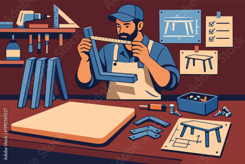 Carpenter measuring wood part with ruler in workshop, assembling furniture, working on diy project plan and craftsmanship