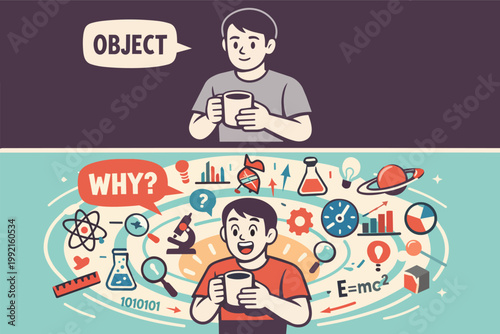Young man observing an object and questioning scientific principles, seeking knowledge and understanding