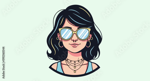 A stylized portrait of a woman with dark wavy hair, large sunglasses, and multiple necklaces
