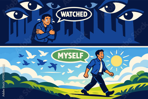 Comparing anxiety of being watched with self-acceptance, finding freedom from public scrutiny and embracing mental growth
