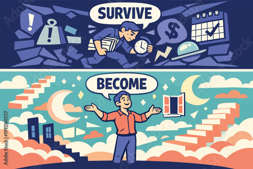 Contrasting two mindsets: struggling to survive facing challenges and embracing transformation to become successful