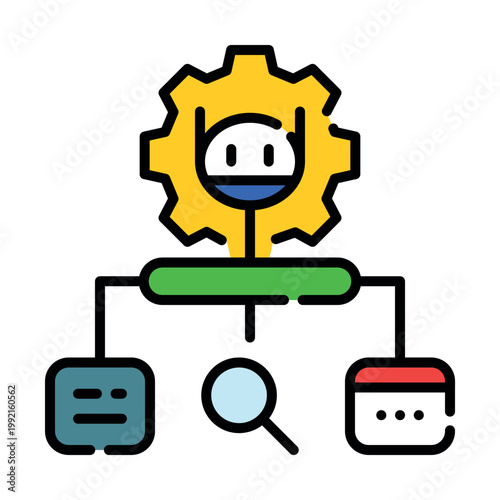 AI tool use and function calling icon. Artificial intelligence interacting with external APIs and software integration metaphor for autonomous agents. Vector spot illustration.