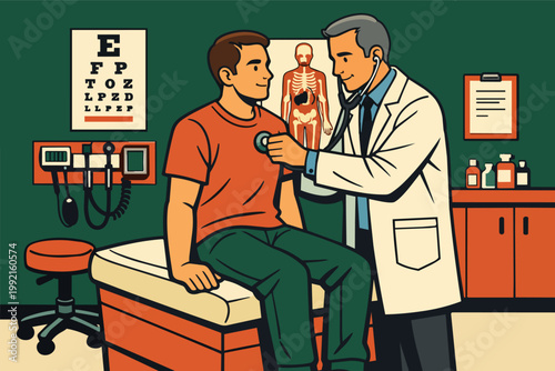 Doctor examining a male patient using a stethoscope in a medical office, focusing on health checkup and physical exam