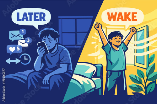 Person staying up late checking phone and social media, contrasting with waking up refreshed and happy in the morning
