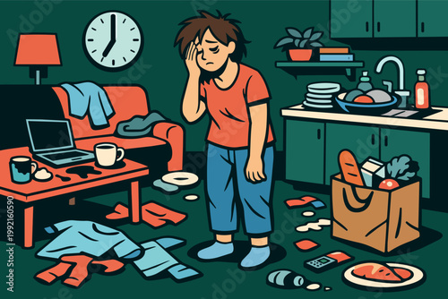 Overwhelmed person standing in a messy home, feeling stressed and experiencing burnout from daily chaos and exhaustion