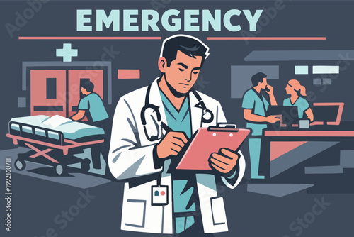 Healthcare team working in emergency room, medical professional holding clipboard and diagnosing patient conditions