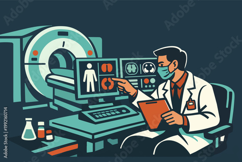 Doctor performing mri scan reading medical images for patient diagnosis and advanced health monitoring