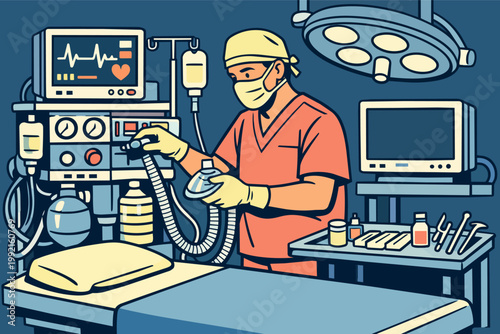 Medical professional preparing anesthesia machine for surgery, ensuring patient care and safety in an operating room