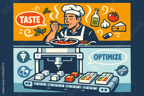Chef optimizing food taste using modern technology, combining culinary expertise with production line automation and innovation