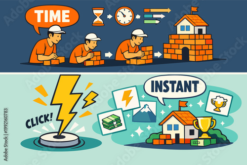 Comparing time consuming process with instant gratification, men building a home brick by brick versus achieving goals quickly