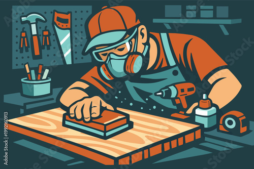 Woodworker sanding wood plank in workshop wearing safety gear for carpentry and diy projects