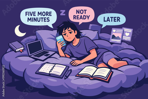 Young person procrastinating at night in bed, choosing smartphone over studies, feeling tired and stressed