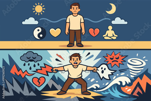 Man balancing mental health and emotional well-being, dealing with stress and chaos, finding inner peace and stability