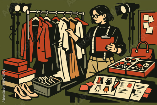 Fashion stylist preparing clothes for a photoshoot, curating outfits and accessories for a professional production set