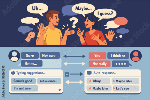 People communicating with speech bubbles showing uncertainty and options for typing and auto-response in digital conversations
