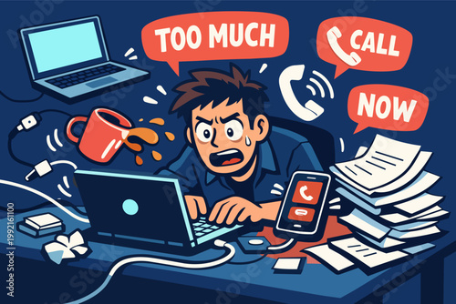 Overwhelmed worker struggling with stress and burnout, juggling multiple tasks and calls at a chaotic desk, too much pressure