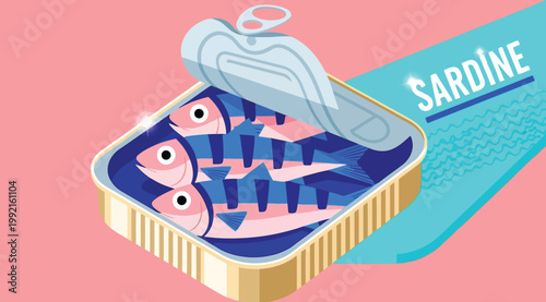 Isometric illustration of an open tin can with sardines