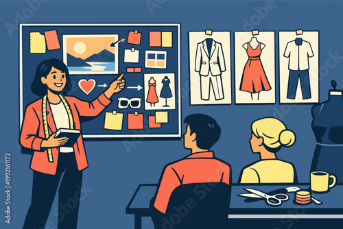 Fashion designer presenting mood board and clothes collection to students in a creative workshop