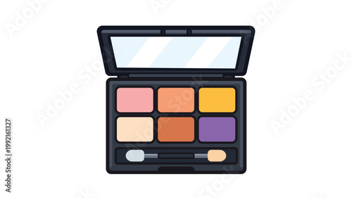 Eyeshadow Palette Vector Icon with Editable Stroke. A modern flat illustration of a makeup kit with six colorful shades, a mirror, and applicator brush, perfect for beauty and cosmetics designs.
