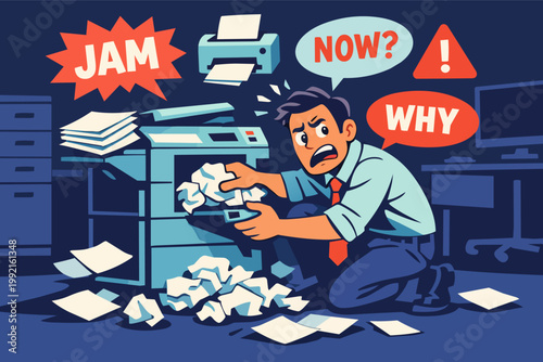 Employee having a paper jam issue with office printer, experiencing work stress and frustration