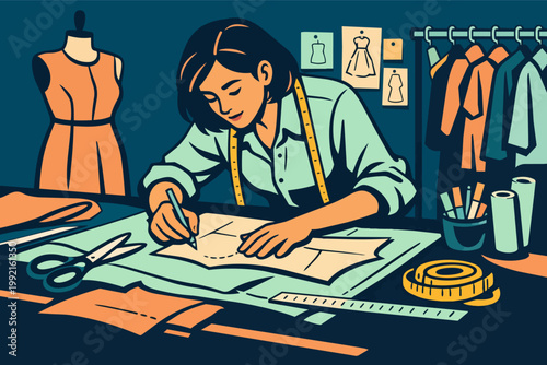 Fashion designer drawing new patterns, creating stylish outfits, working in a professional atelier, dressmaking process