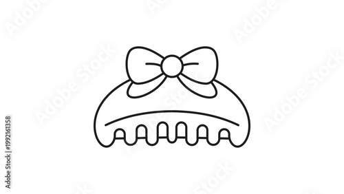 Minimalist Hair Clip with Bow Vector Icon. This elegant black line illustration features a small claw clip with a decorative ribbon bow, designed with an editable stroke for easy customization.
