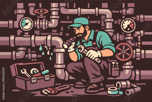Plumber fixing leaking pipe system, professional maintenance working with tools and equipment preventing water damage problem