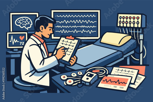 Doctor analyzing brain and heart wave data, performing neurological examination in medical research laboratory