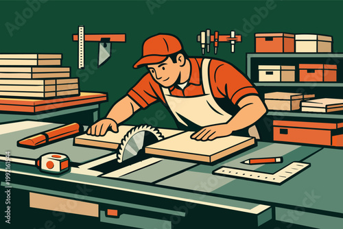 Woodworker working with a table saw in workshop, cutting timber planks for carpentry and woodworking projects
