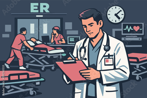 Doctor focusing on medical chart in a busy emergency room, with healthcare staff assisting patients on hospital beds
