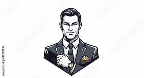A stylized portrait shows a confident man in a dark suit, tie, and watch