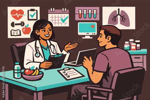 Doctor discussing health with patient during medical consultation, focusing on wellness, lifestyle, and preventive medicine