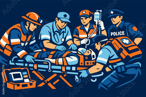 Emergency service workers, including paramedics, firefighters, and police, collaborating to provide first aid and transport a patient