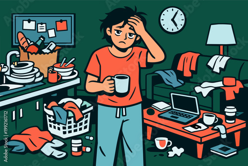 Overwhelmed young adult feeling stressed, living in messy apartment with dirty dishes, laundry, and caffeine for burnout