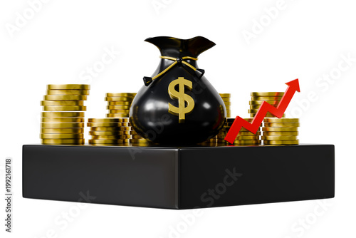 3d money bag coin stack icon. investment growth concept. minimal dollar podium gold arrow wealth for finance business web app. isolated on white transparent background. 3d render.