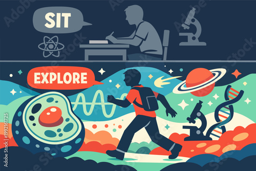 Student choosing between traditional classroom learning and active exploration in science education