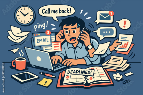 Stressed professional multitasking with overwhelming workload and approaching deadlines in a busy office environment, feeling pressure at work