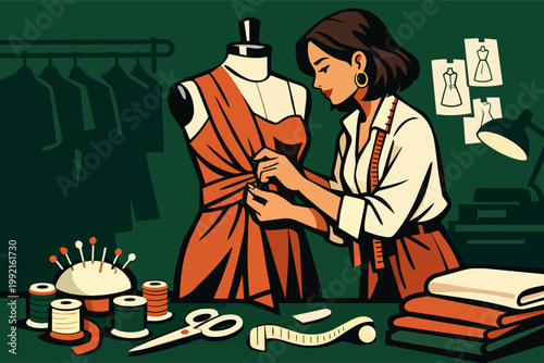 Fashion designer creating elegant dress on mannequin, sewing atelier with tools, fashion design concept