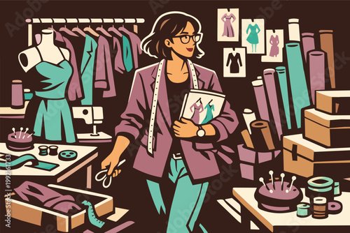 Creative fashion designer standing in her atelier, surrounded by design sketches, fabric, sewing machine, and dress form