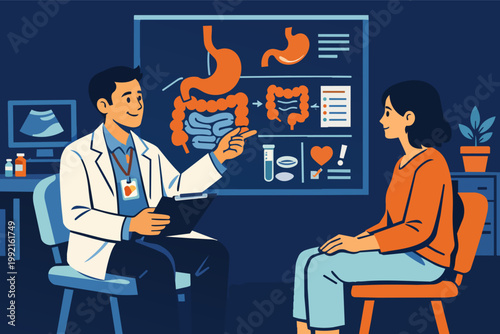 Doctor explaining digestive system to patient, discussing gastrointestinal health and medical checkup results