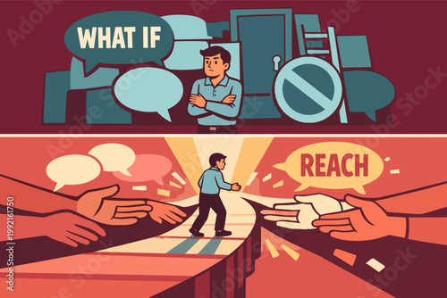 Person overcoming doubt and uncertainty, moving towards ambition and reaching for opportunity with support