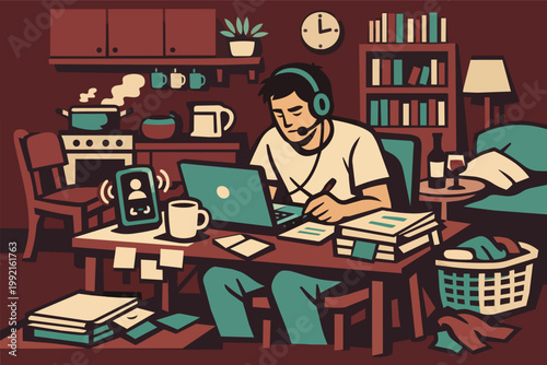 Man multitasking in a cluttered home environment, working remotely and managing household tasks