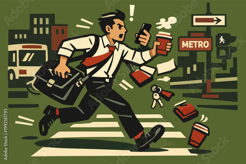 Stressed businessman rushing city street, juggling phone and coffee, experiencing morning chaos and tight deadlines