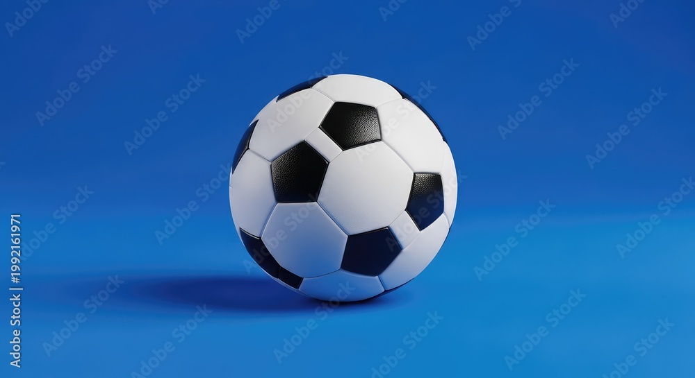 Naklejka premium A classic black and white soccer ball sits perfectly centered on a solid blue surface, creating a bold and clean sports-themed aesthetic, game, team, hobby