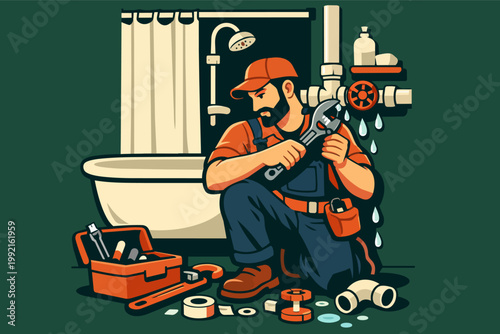 Plumber fixing a leaking pipe in a bathroom, offering professional repair and maintenance services