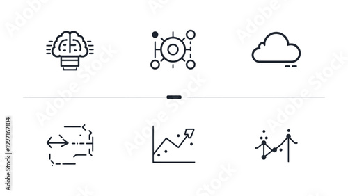 Visual Data and Conceptual Icons: A curated collection of stylized icons representing innovation, interconnected networks, cloud computing, data analysis and dynamic business process.