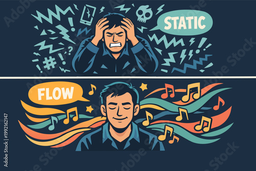 Visualizing flow state and static mind differences, finding inner peace through music, mental clarity, and stress relief concept