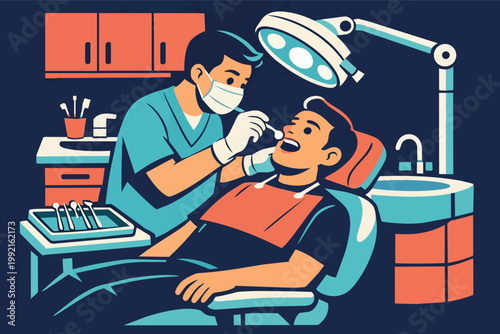 Dentist checking patient's teeth in a modern dental office operating chair for oral health examination